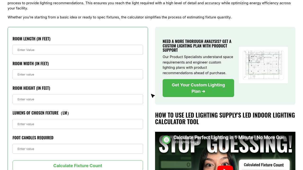 LED Lighting Supply calculator asking for room dimensions, lumens of chosen fixture, foot candles required