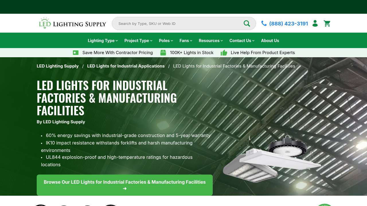 Industrial-factories page with energy savings, IK10 impact resistance, UL844 explosion-proof callouts