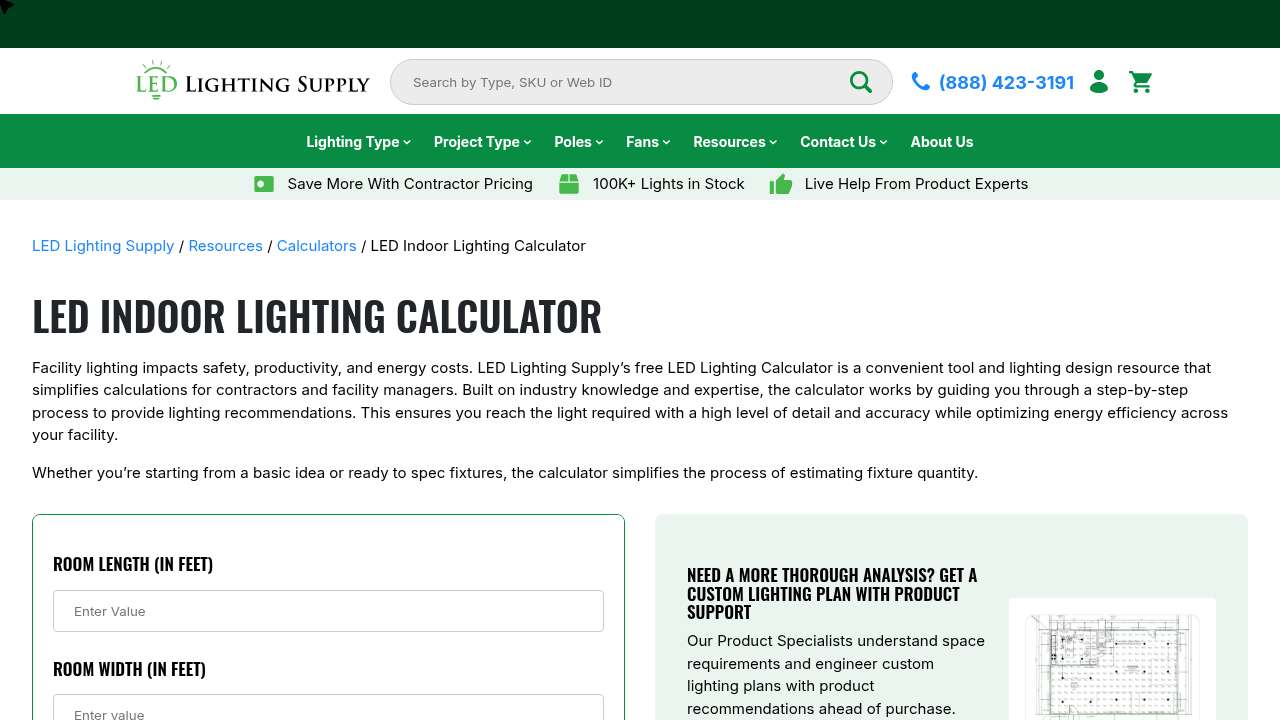 Calculator landing page on ledlightingsupply.com as Marcus first sees it